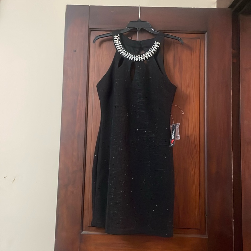 Black glitter woven dress with pearl accented neckline